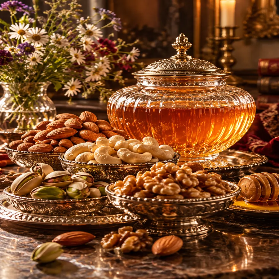 Certified Organic Raw Wildflower Honey and selected nuts presented in an elegant serving setting